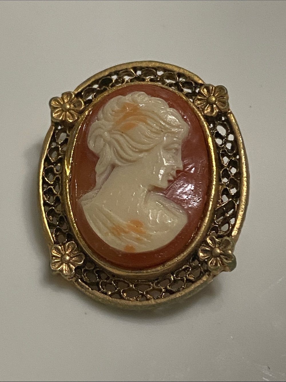 VTG Oval Camo Woman with Ponytail Filigree Trim
